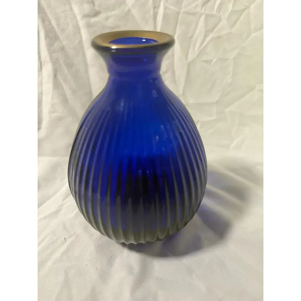Vintage Cobalt Blue Ribbed Glass Vase | Gold Rim Art Deco Globe